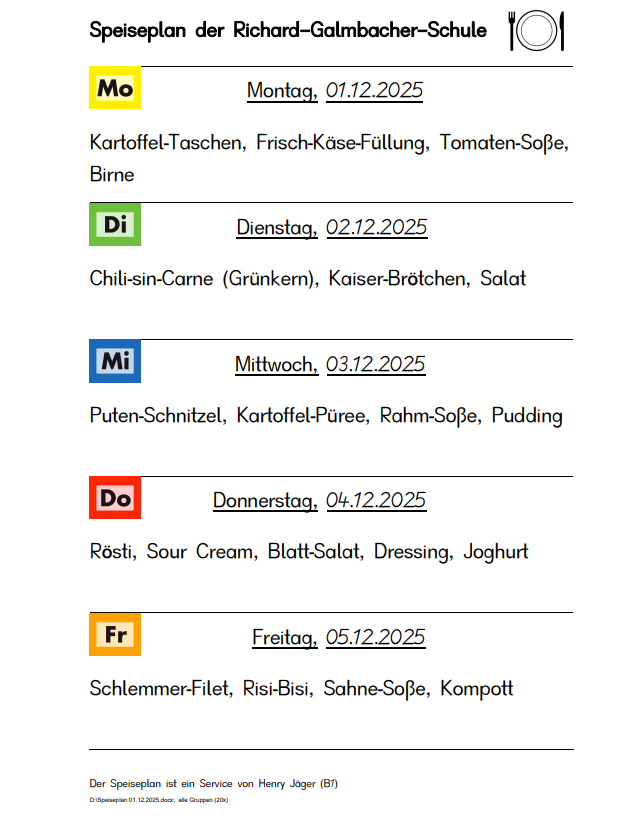 Speiseplan vom 1.12. bis 5.12.25