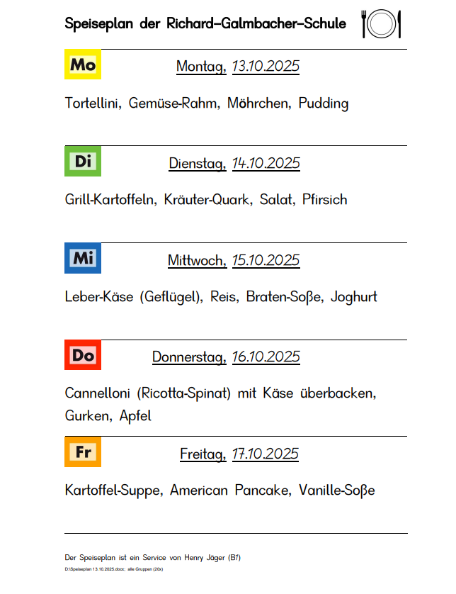 Speiseplan vom 13.10.2025 bis 17.10.25