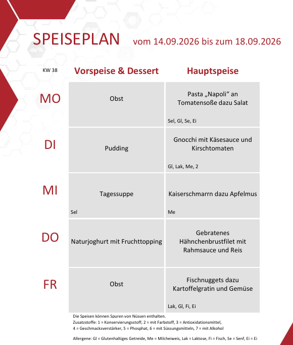 Speiseplan vom 15.9. bis 18.9.2026