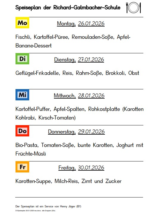 Speiseplan vom 26. bis 30.1.2026