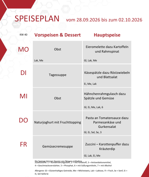 Speiseplan vom 28.9. bis 2.10.2026