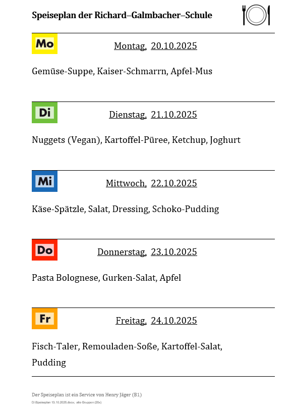 Speiseplan vom 20.10.25 bis zum 24.10.25